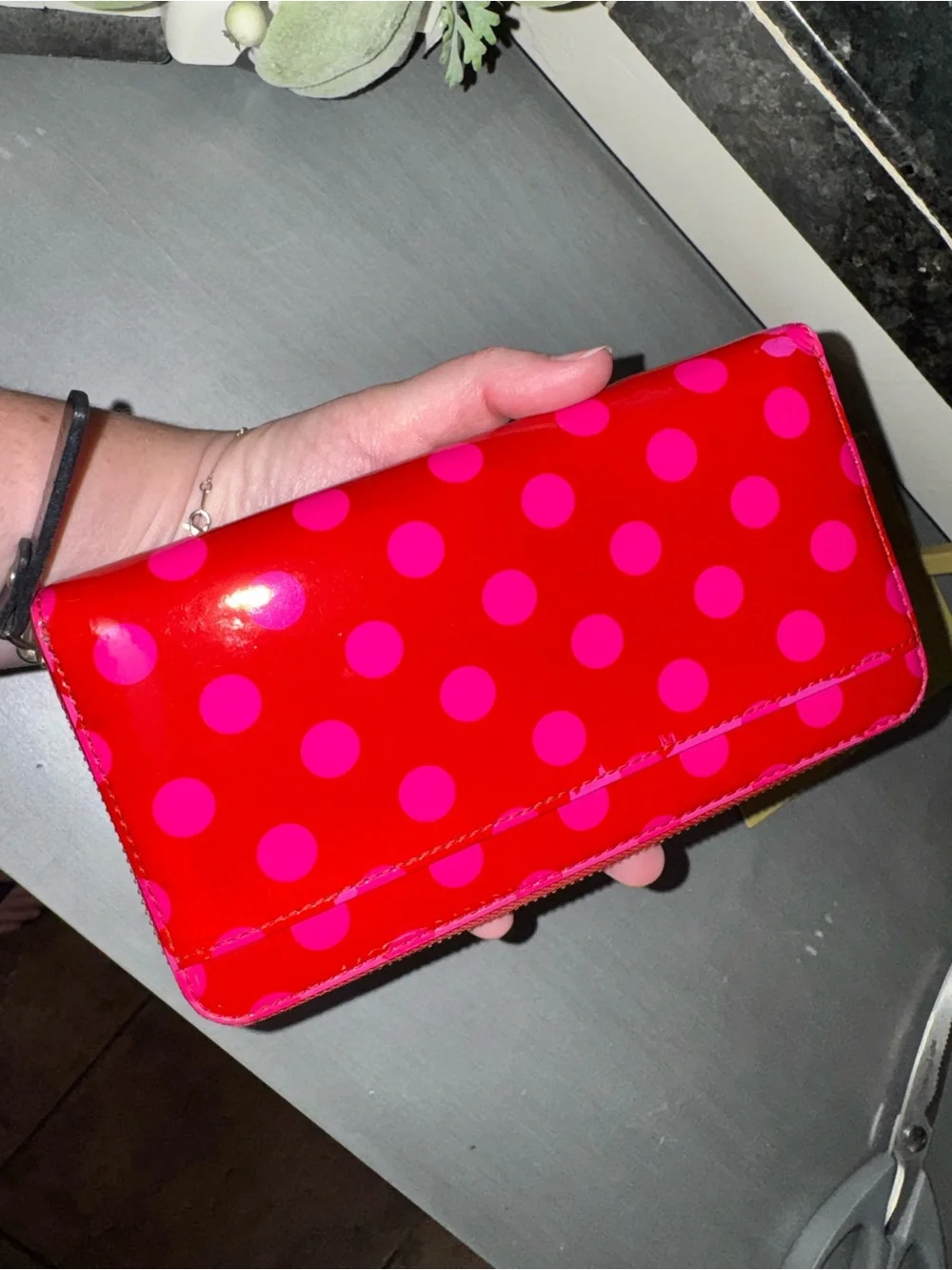Kate Spade Red Patent Long Wallet with Pink Polka Dots - GUC